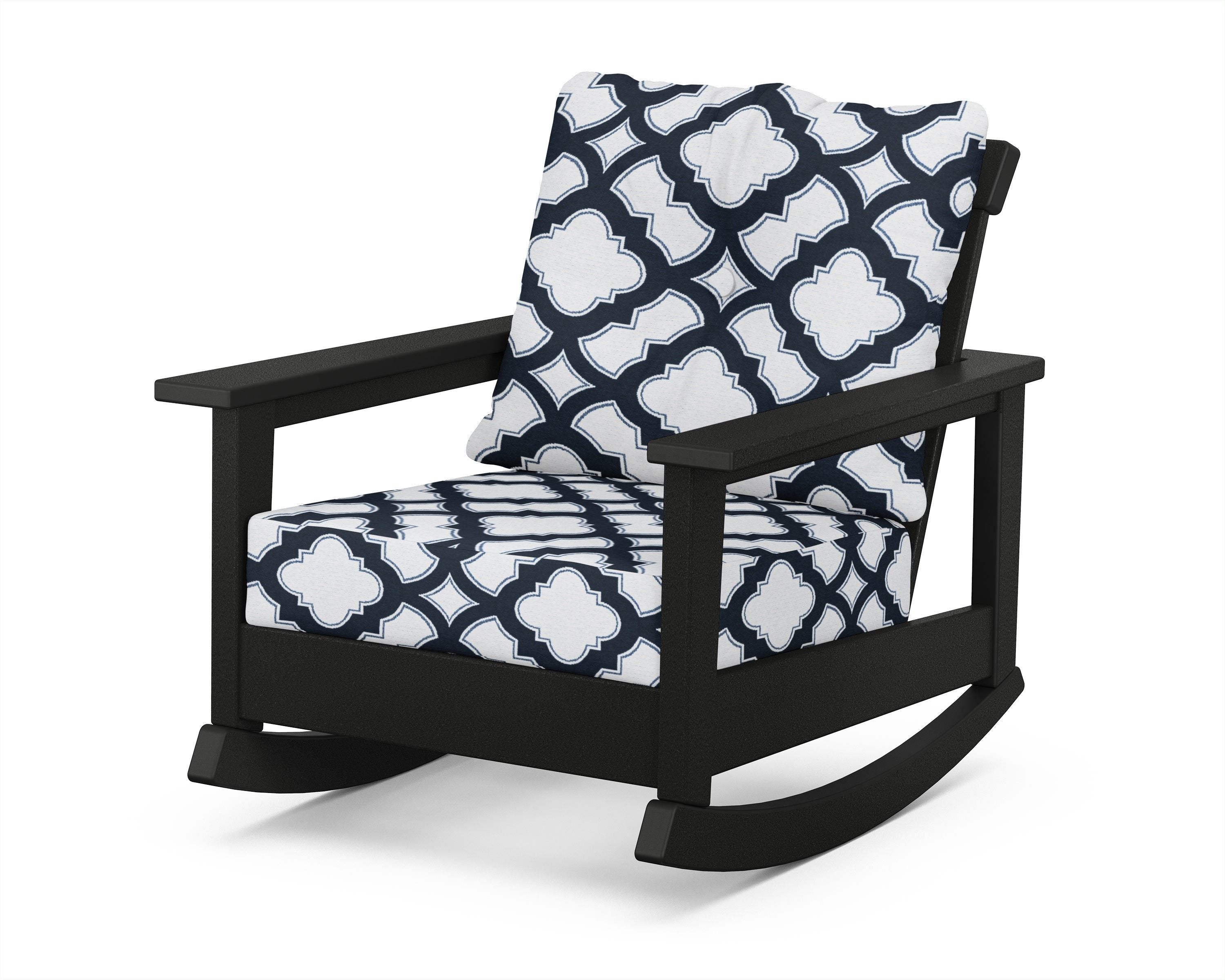 POLYWOOD® Prescott Deep Seating Rocking Chair in Black / Trellis Marine Indigo