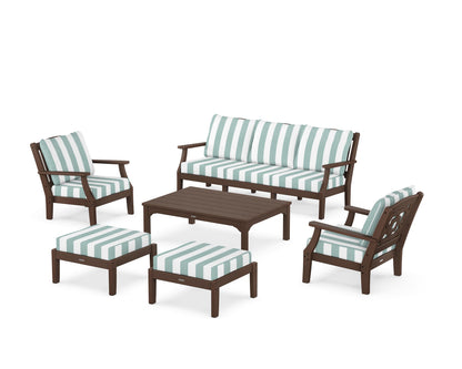 Martha Stewart by POLYWOOD® Chinoiserie 6-Piece Lounge Sofa Set in Mahogany / Cabana Stripe Glacier Spa