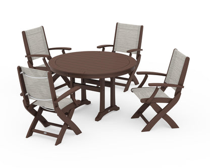 POLYWOOD® Coastal Folding Chair 5-Piece Round Dining Set with Trestle Legs in Mahogany / Birch Sling