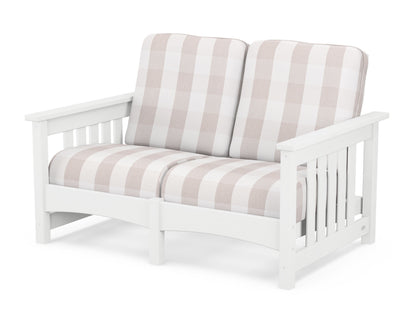 POLYWOOD® Club Mission Loveseat in White / Buffalo Plaid Dune Burlap