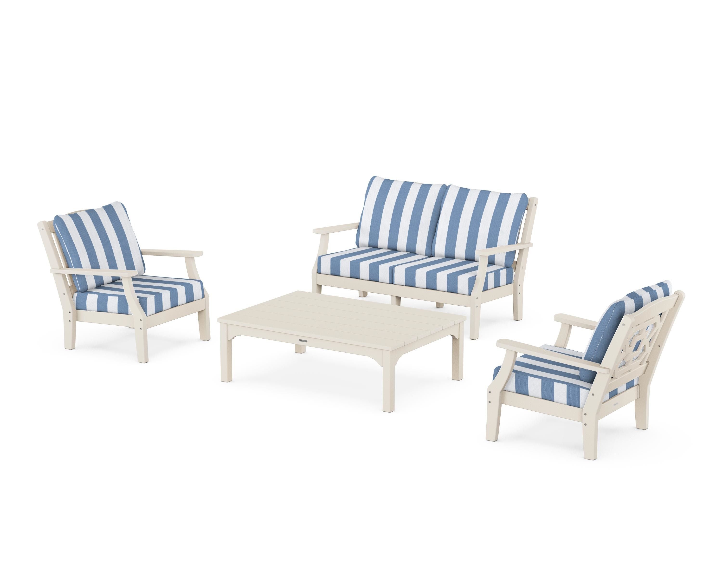 Martha Stewart by POLYWOOD® Chinoiserie 4-Piece Deep Seating Set with Loveseat in Sand / Cabana Stripe Sky Blue