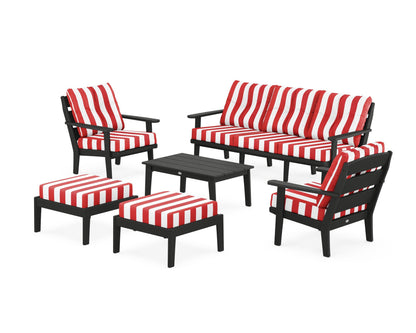POLYWOOD® Lakeside 6-Piece Lounge Sofa Set in Black / Cabana Stripe Crimson