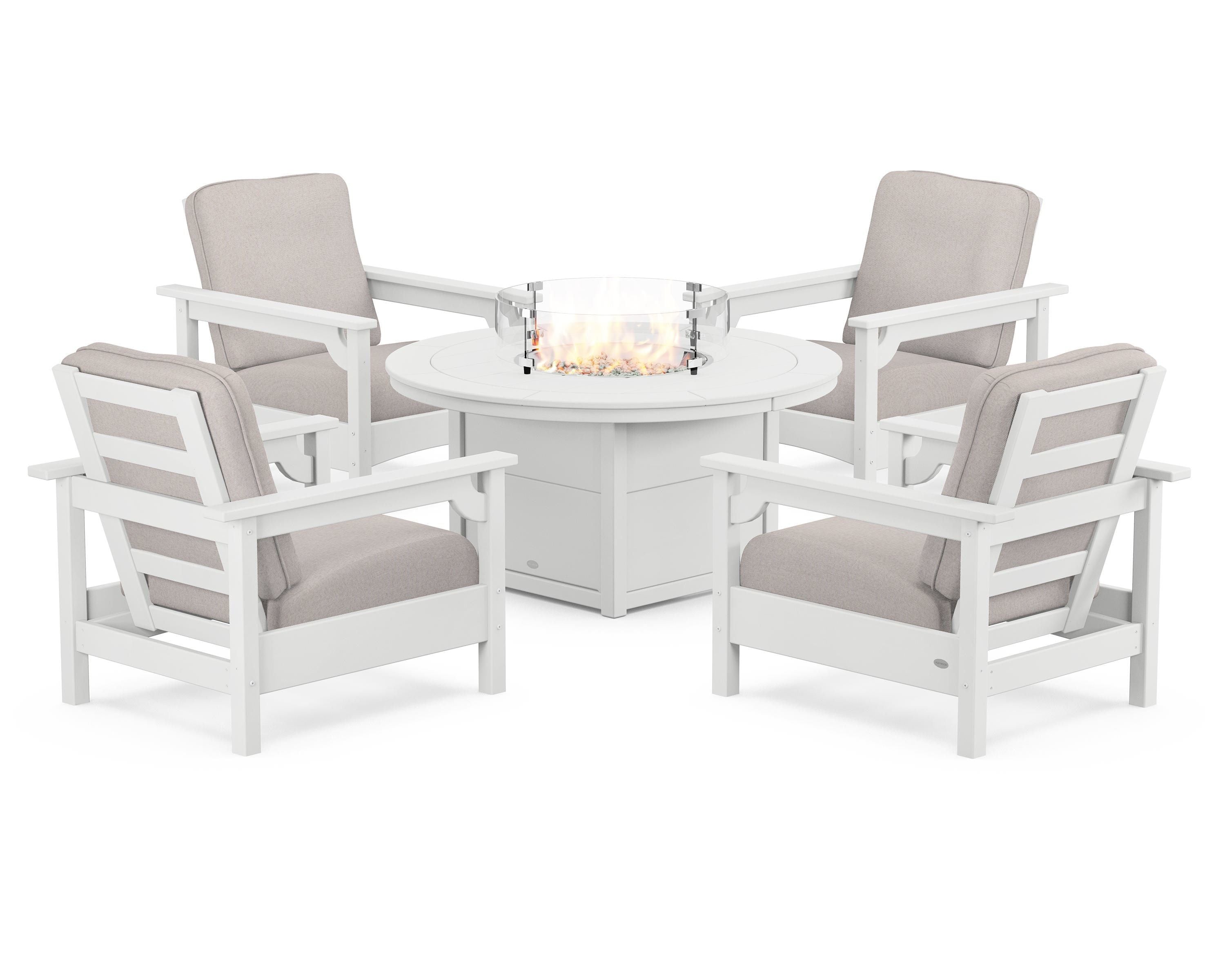 POLYWOOD® Club 5-Piece Conversation Set with Fire Pit Table in White / Dune Burlap