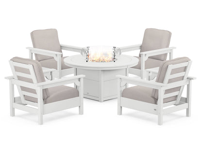 POLYWOOD® Club 5-Piece Conversation Set with Fire Pit Table in White / Dune Burlap