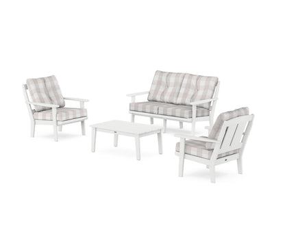POLYWOOD® Mission 4-Piece Deep Seating Set with Loveseat in White / Buffalo Plaid Dune Burlap