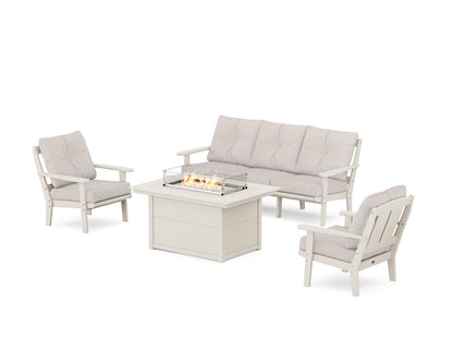 POLYWOOD® Mission Deep Seating Fire Pit Table Set in Sand / Dune Burlap