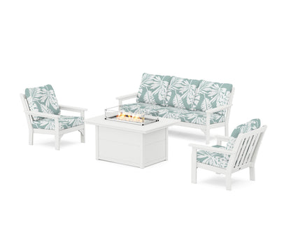 POLYWOOD® Vineyard Deep Seating Fire Pit Table Set in White / Leaf Glacier Spa