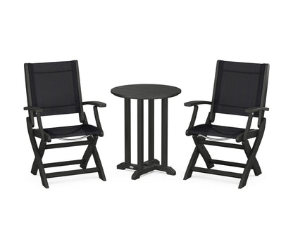 POLYWOOD® Coastal Folding 3-Piece Round Bistro Dining Set in Black / Black Sling