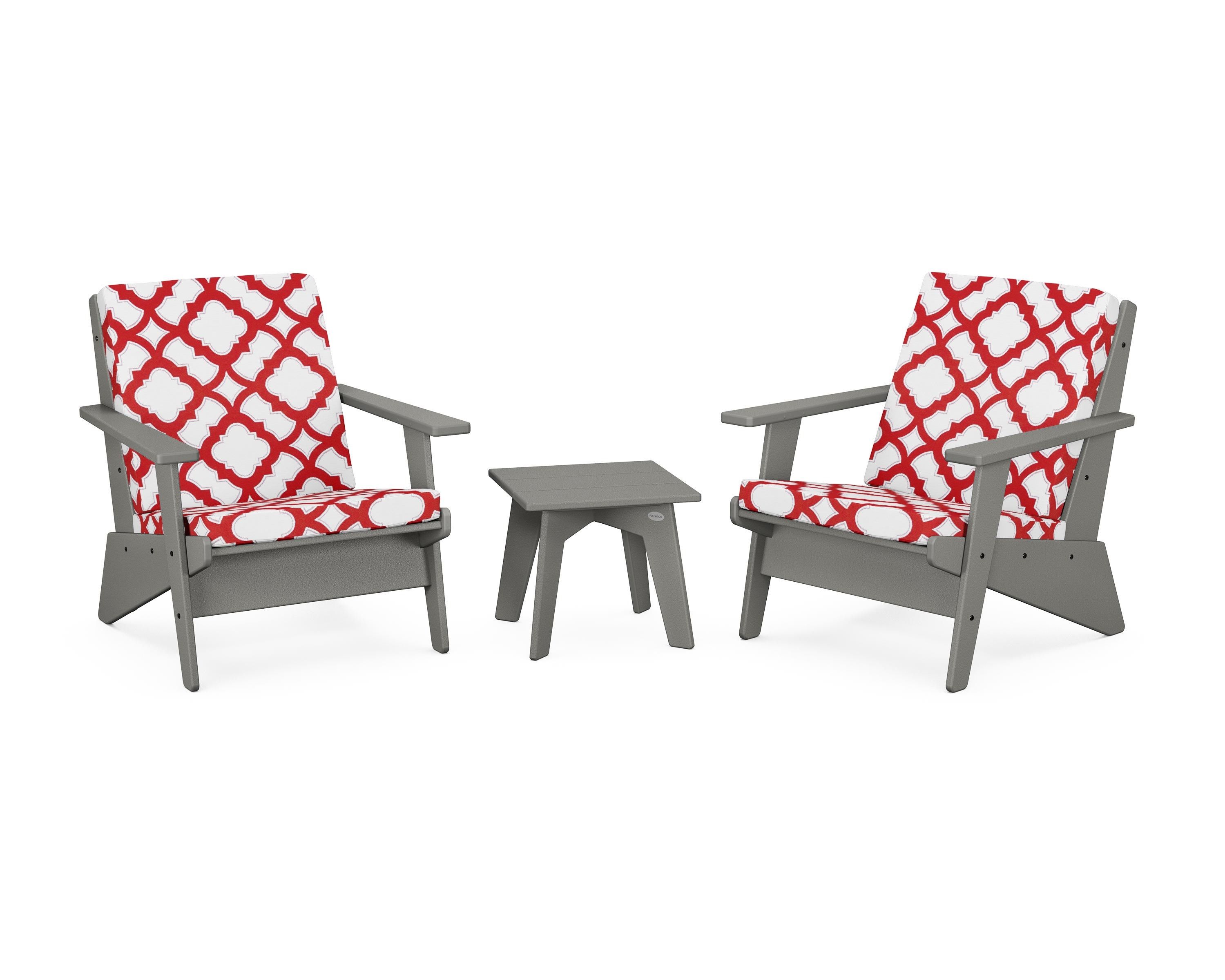 POLYWOOD® Riviera Modern Lounge 3-Piece Set in Slate Grey / Trellis Crimson