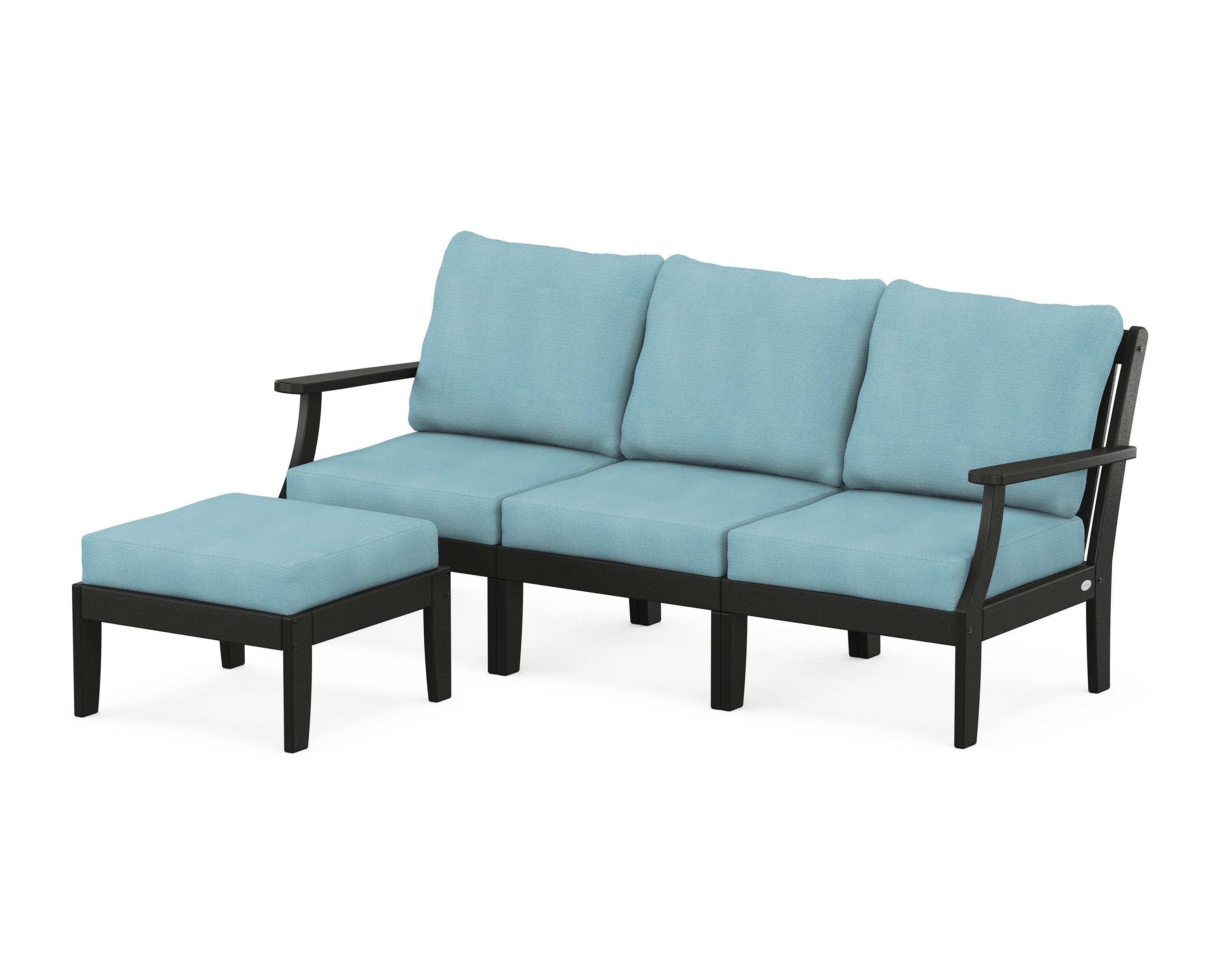 POLYWOOD® Braxton Modular 4-Piece Deep Seating Set with Ottoman in Black / Lattice Sky Blue