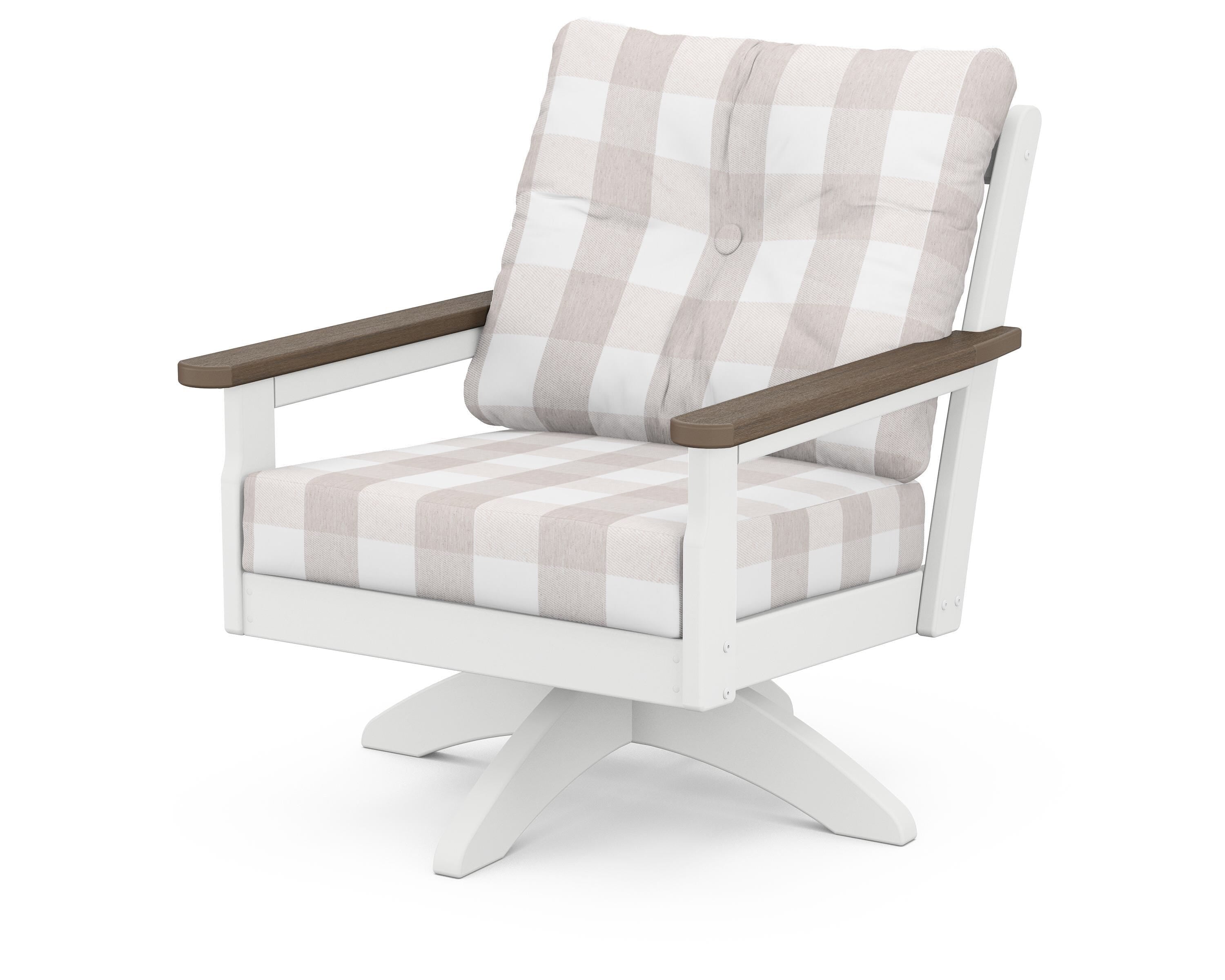 POLYWOOD® Vineyard Deep Seating Swivel Chair in White / Kona / Buffalo Plaid Dune Burlap