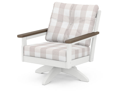 POLYWOOD® Vineyard Deep Seating Swivel Chair in White / Kona / Buffalo Plaid Dune Burlap