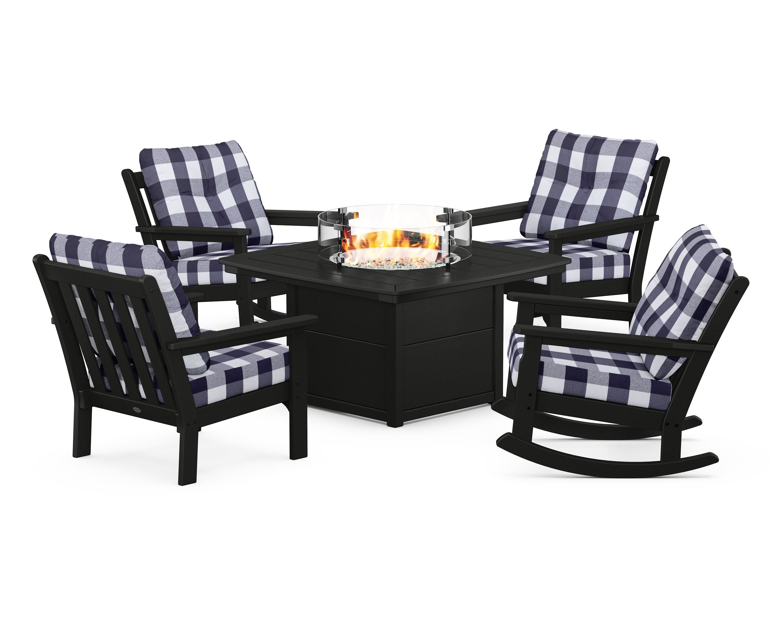 POLYWOOD® Vineyard 5-Piece Deep Seating Rocking Chair Conversation Set with Fire Pit Table in Black / Buffalo Plaid Navy