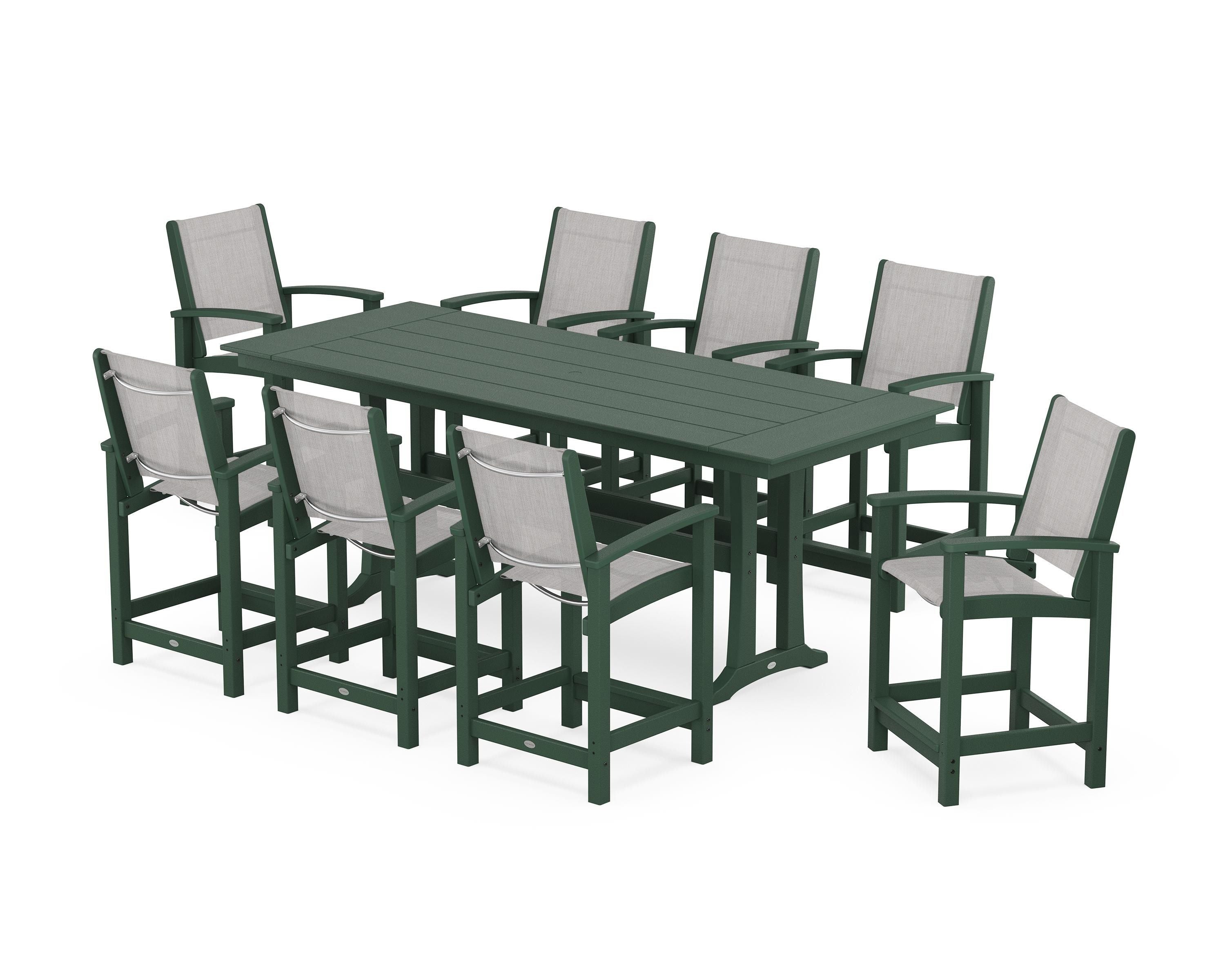 POLYWOOD® Coastal 9-Piece Farmhouse Counter Set with Trestle Legs in Green / Parchment Sling