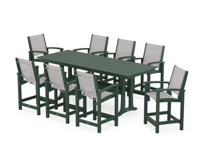 POLYWOOD® Coastal 9-Piece Farmhouse Counter Set with Trestle Legs in Green / Parchment Sling