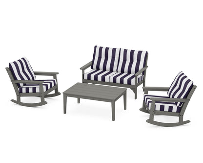 POLYWOOD® Vineyard 4-Piece Deep Seating Rocking Chair Set in Slate Grey / Cabana Stripe Navy
