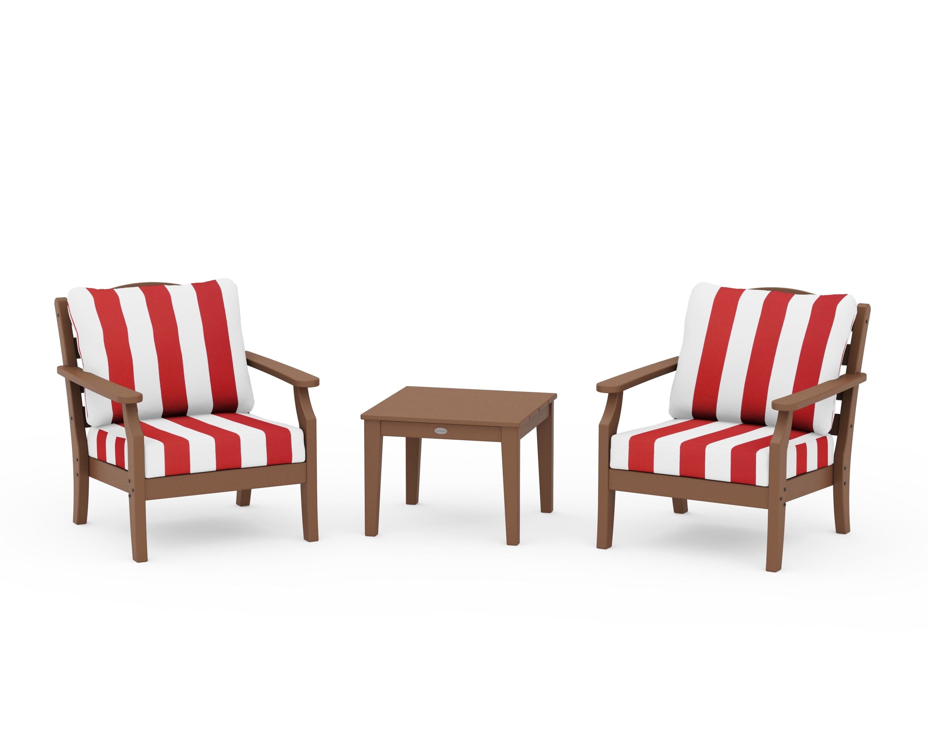 Draper James™ by  POLYWOOD® Savannah 3-Piece Deep Seating Set in Teak / Cabana Stripe Crimson