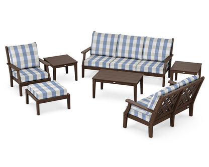 Country Living Wovendale 7-Piece Deep Seating Set in Mahogany / Buffalo Plaid Sky Blue