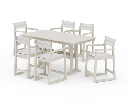 POLYWOOD® EDGE Sling Arm Chair 7-Piece Farmhouse Counter Set with Trestle Legs in Sand / White Sling
