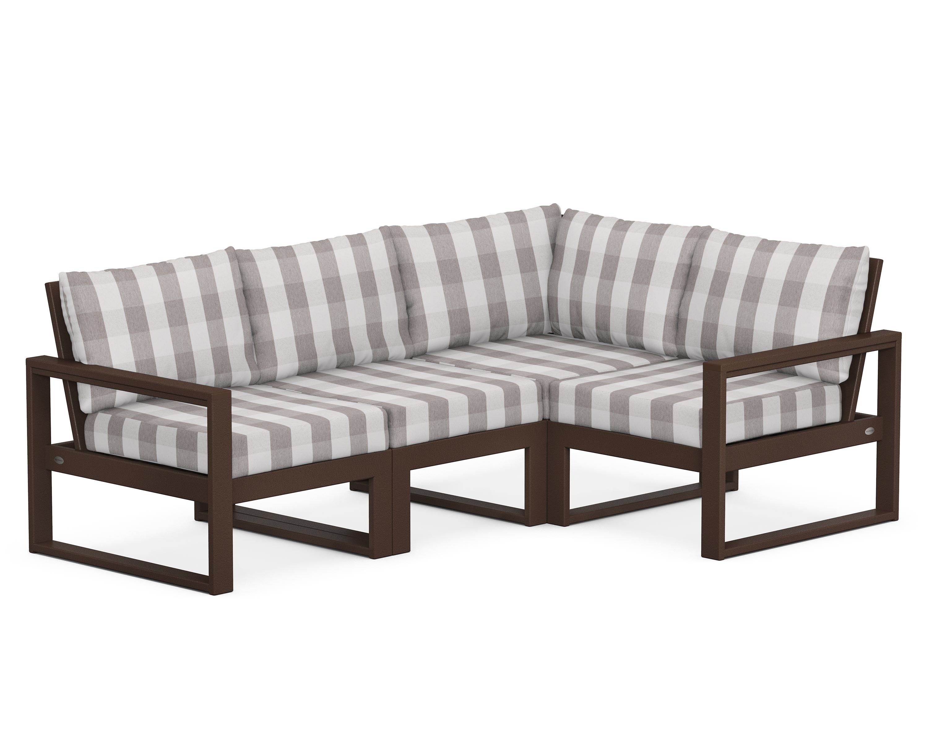 POLYWOOD® EDGE 4-Piece Modular Deep Seating Set in Mahogany / Buffalo Plaid Grey Mist