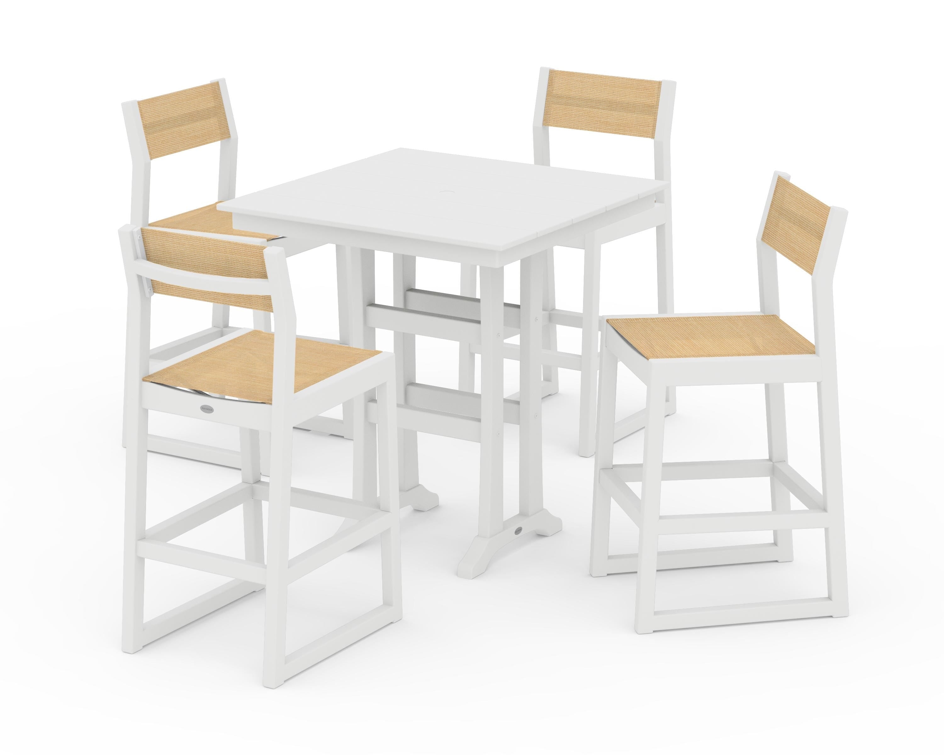 POLYWOOD® EDGE Sling Arm Chair 5-Piece Farmhouse Bar Set with Trestle Legs in White / Dupioni Apricot Sling