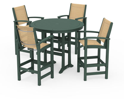 POLYWOOD® Coastal 5-Piece Nautical Trestle Bar Set in Green / Dupioni Apricot Sling
