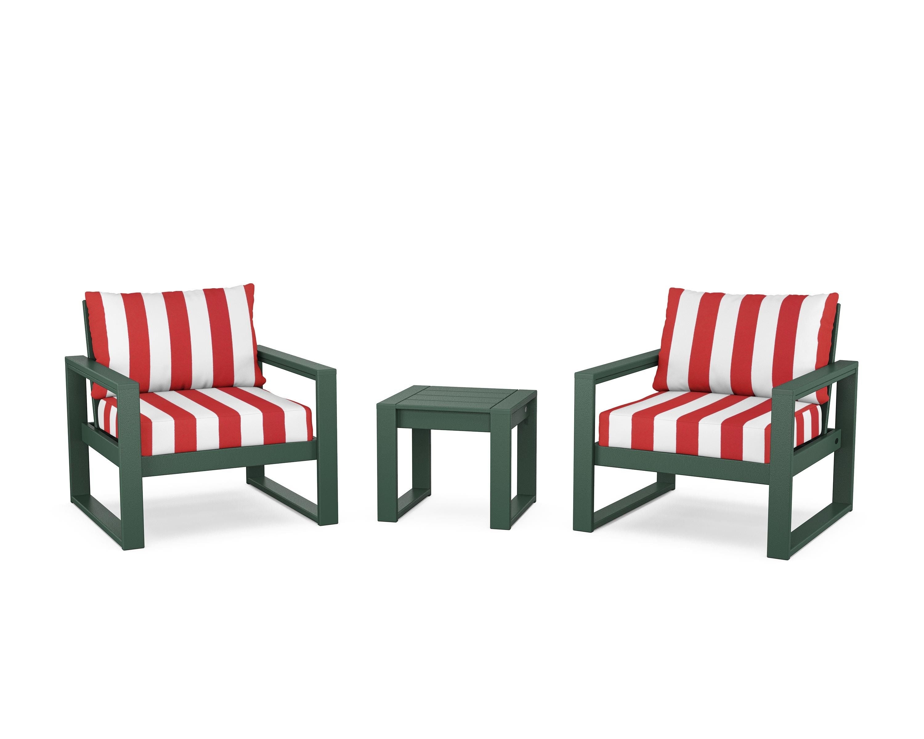 POLYWOOD® EDGE Sectional 3-Piece Deep Seating Set in Green / Cabana Stripe Crimson