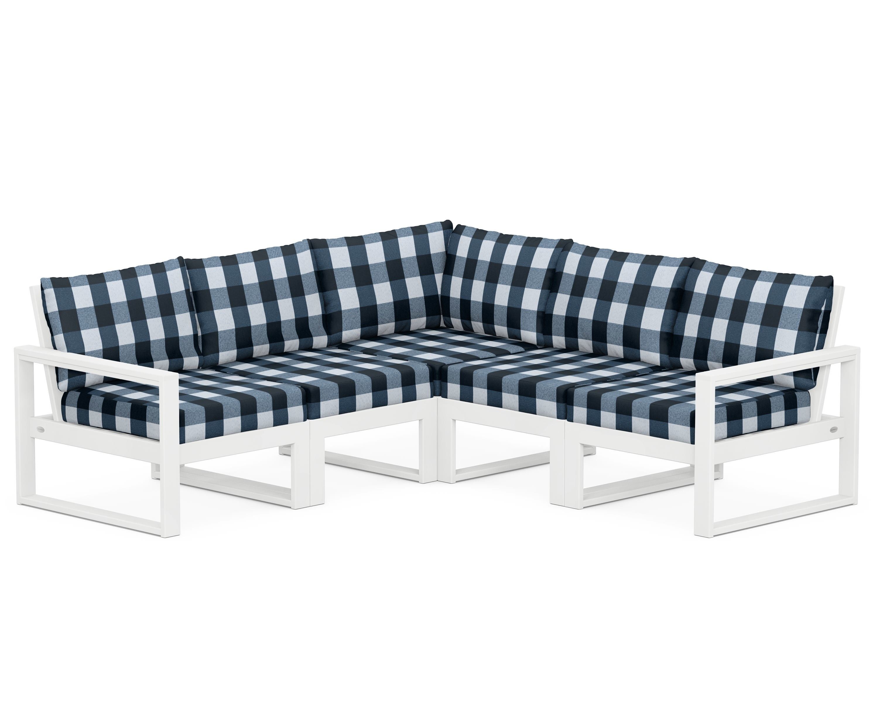 POLYWOOD® EDGE 5-Piece Modular Deep Seating Set in White / Buffalo Plaid Marine Indigo