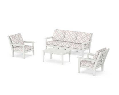 POLYWOOD® Chippendale 4-Piece Deep Seating Set with Sofa in White / Trellis Dune Burlap