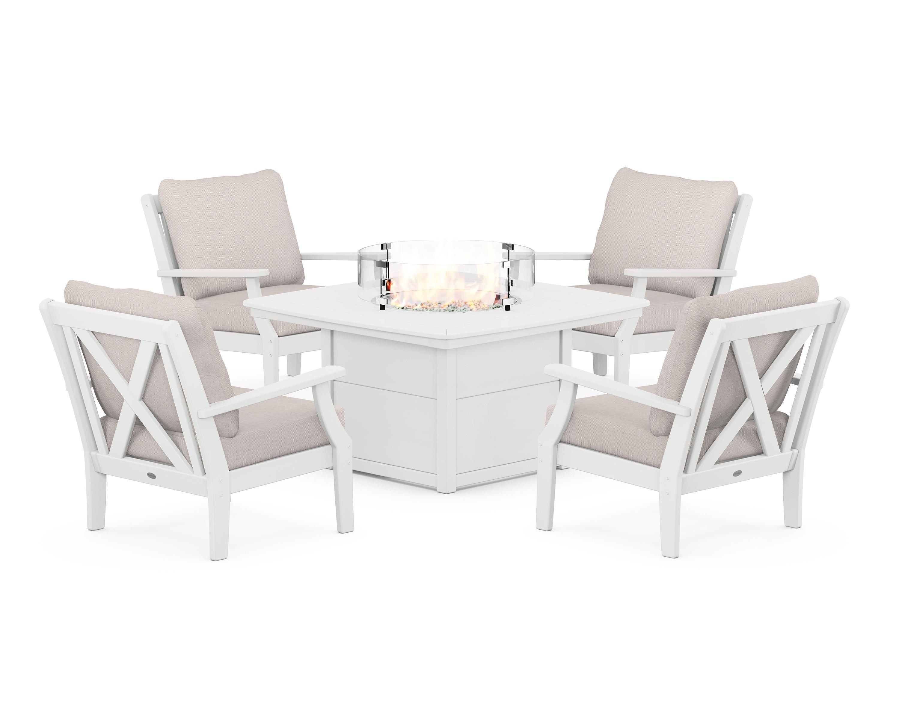 POLYWOOD® Braxton 5-Piece Deep Seating Conversation Set with Fire Pit Table in White / Dune Burlap