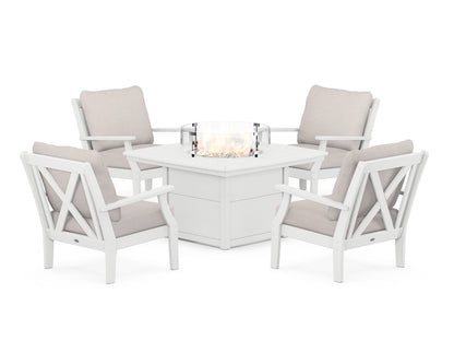 POLYWOOD® Braxton 5-Piece Deep Seating Conversation Set with Fire Pit Table in White / Dune Burlap