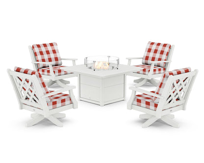 Country Living Wovendale 5-Piece Deep Seating Swivel Conversation Set with Fire Pit Table in White / Buffalo Plaid Crimson