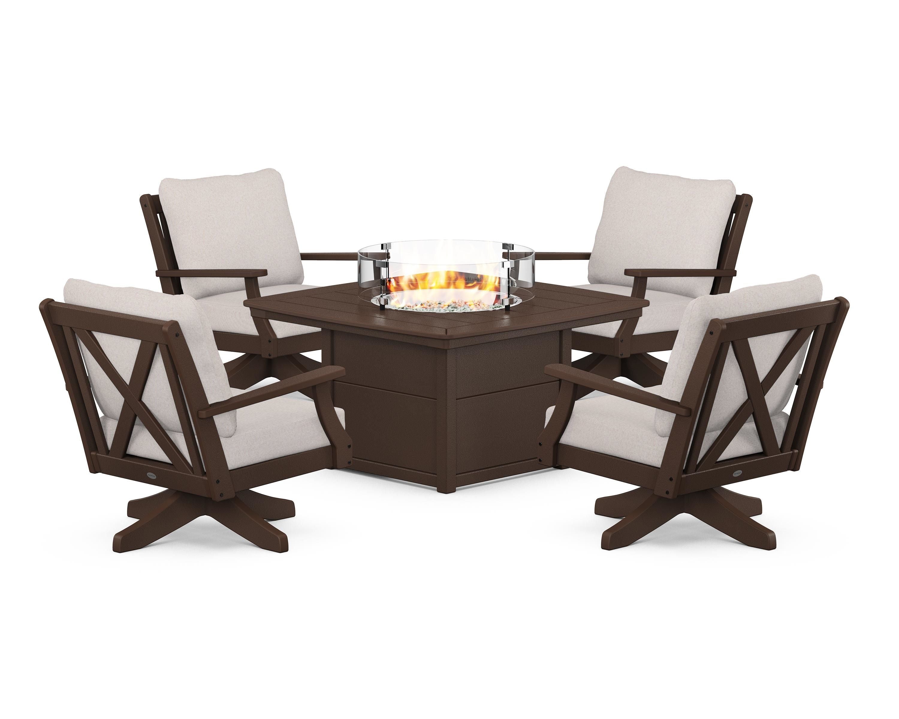 POLYWOOD® Braxton 5-Piece Deep Seating Swivel Conversation Set with Fire Pit Table in Mahogany / Dune Burlap