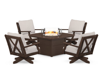 POLYWOOD® Braxton 5-Piece Deep Seating Swivel Conversation Set with Fire Pit Table in Mahogany / Dune Burlap