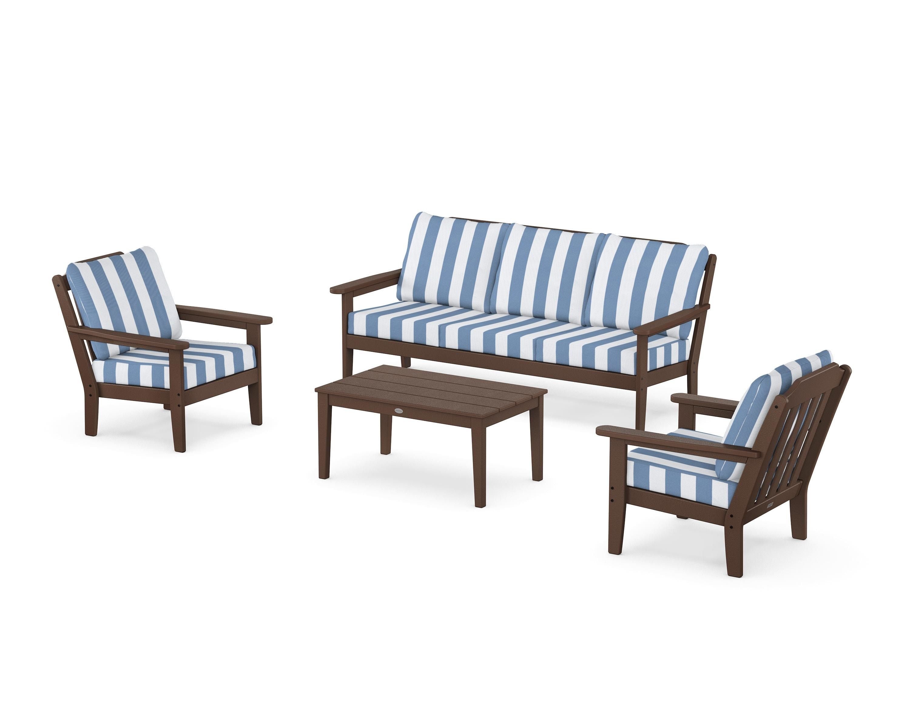 Country Living Cottage 4-Piece Deep Seating Set with Sofa in Mahogany / Cabana Stripe Sky Blue