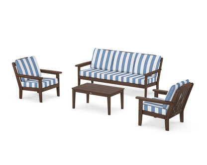 Country Living Cottage 4-Piece Deep Seating Set with Sofa in Mahogany / Cabana Stripe Sky Blue