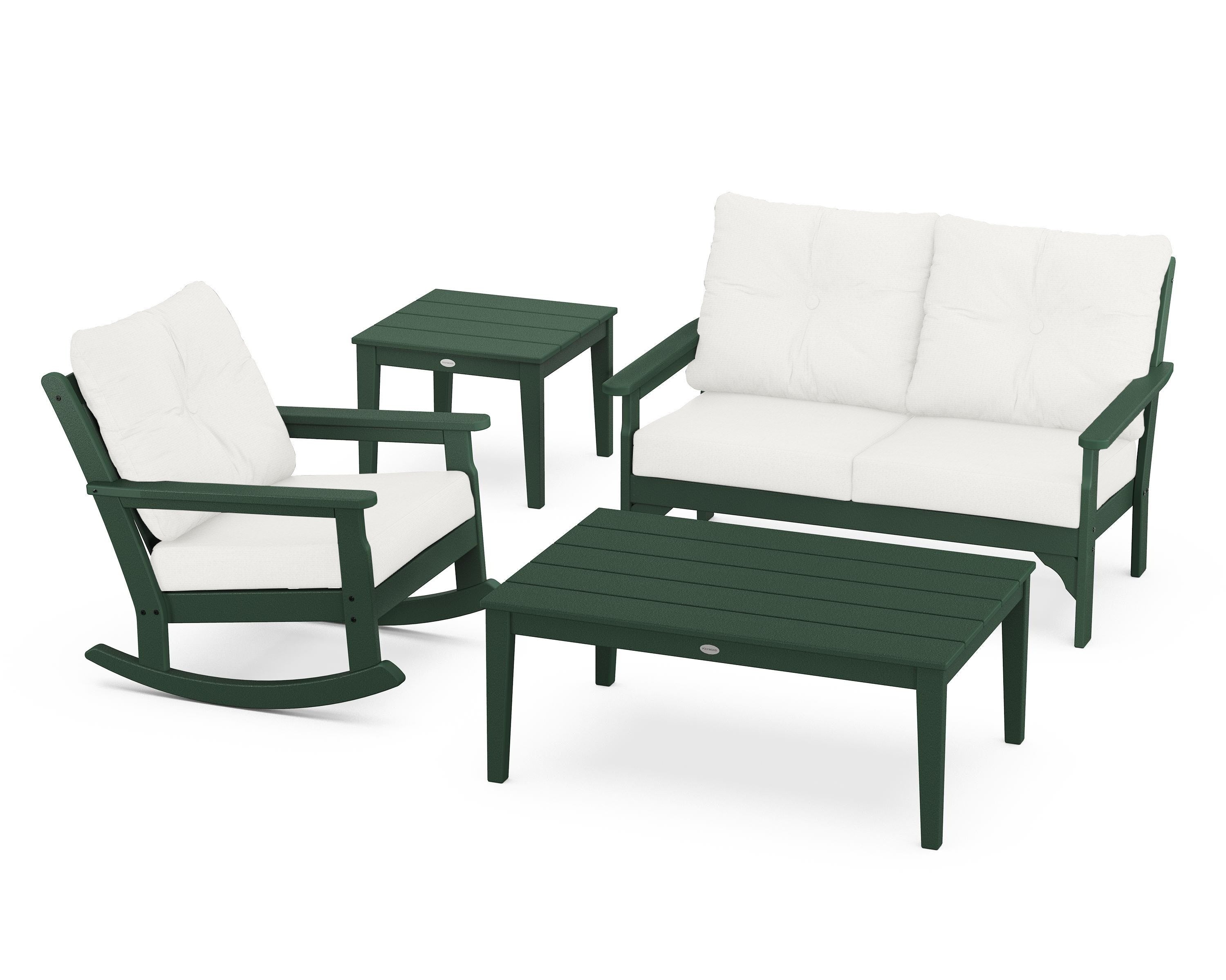 POLYWOOD® Vineyard 4-Piece Deep Seating Rocker Set in Green / Natural Linen