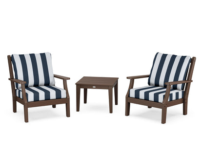 Country Living Wovendale 3-Piece Deep Seating Set in Mahogany / Cabana Stripe Marine Indigo