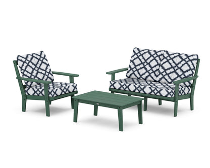 POLYWOOD® Oxford 3-Piece Deep Seating Set with Loveseat in Green / Trellis Marine Indigo