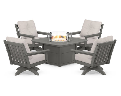 POLYWOOD® Vineyard 5-Piece Deep Seating Swivel Conversation Set with Fire Pit Table in Slate Grey / Dune Burlap