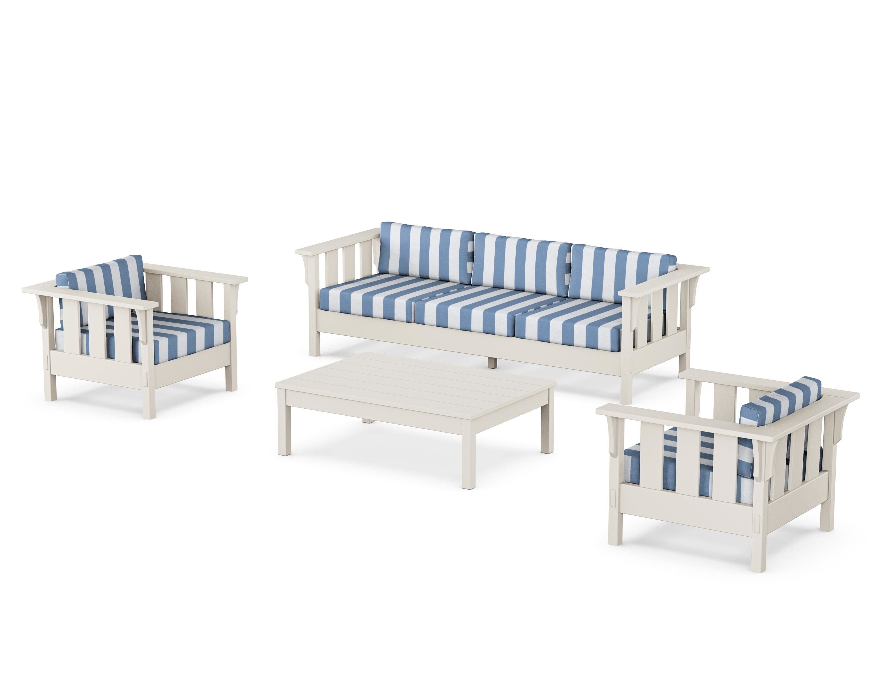 Martha Stewart by POLYWOOD® Acadia 4-Piece Deep Seating Set with Sofa in Sand / Cabana Stripe Sky Blue