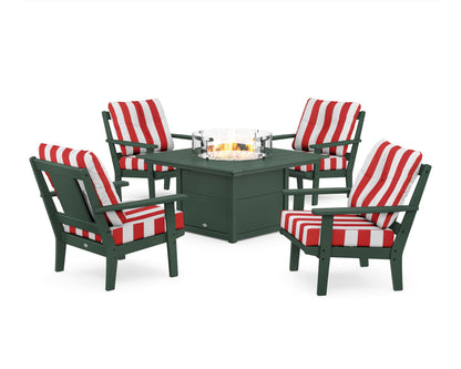 POLYWOOD® Prairie 5-Piece Deep Seating Set with Fire Pit Table in Green / Cabana Stripe Crimson