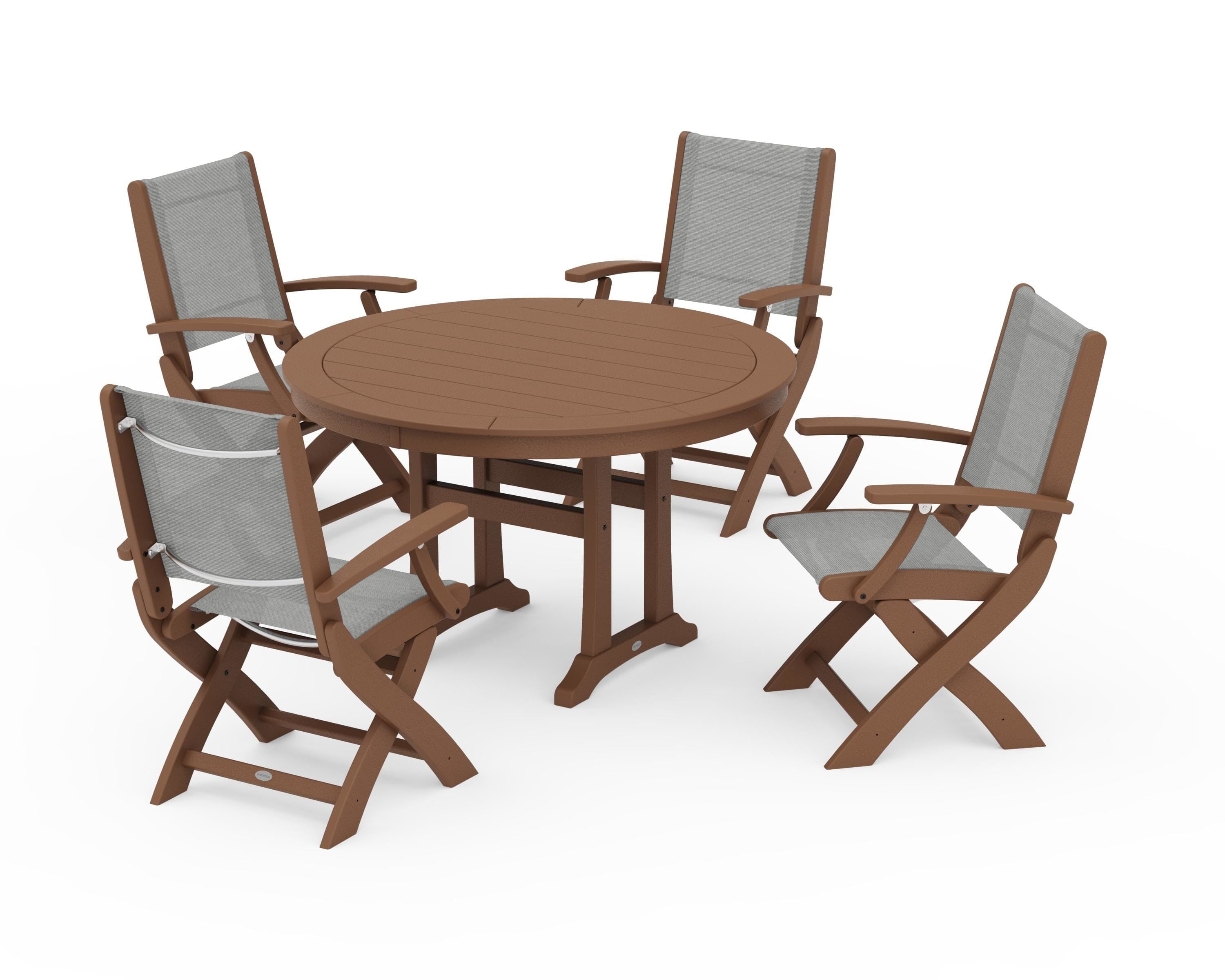 POLYWOOD® Coastal Folding Chair 5-Piece Round Dining Set with Trestle Legs in Teak / Metallic Sling