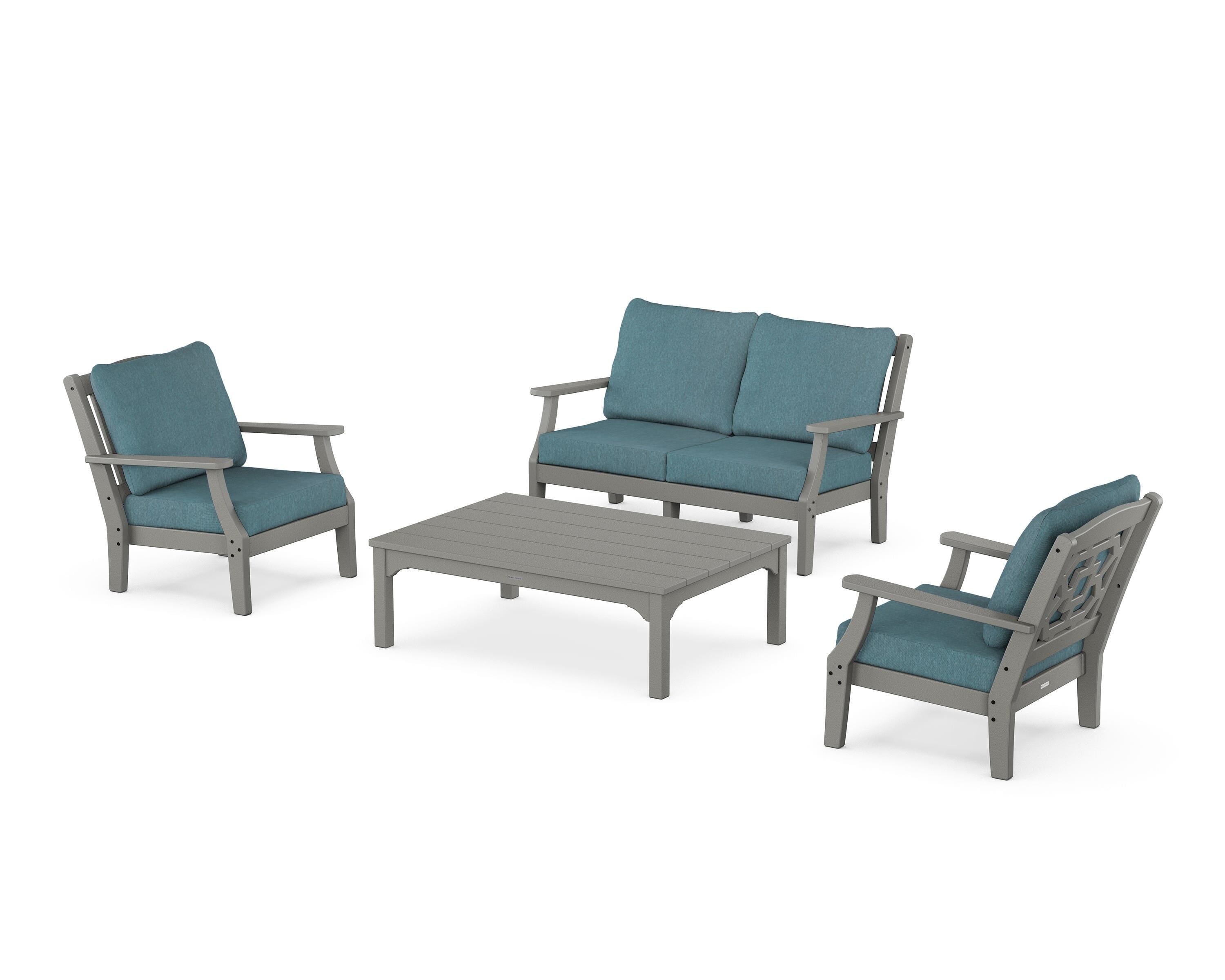 Martha Stewart by POLYWOOD® Chinoiserie 4-Piece Deep Seating Set with Loveseat in Slate Grey / Ocean Teal