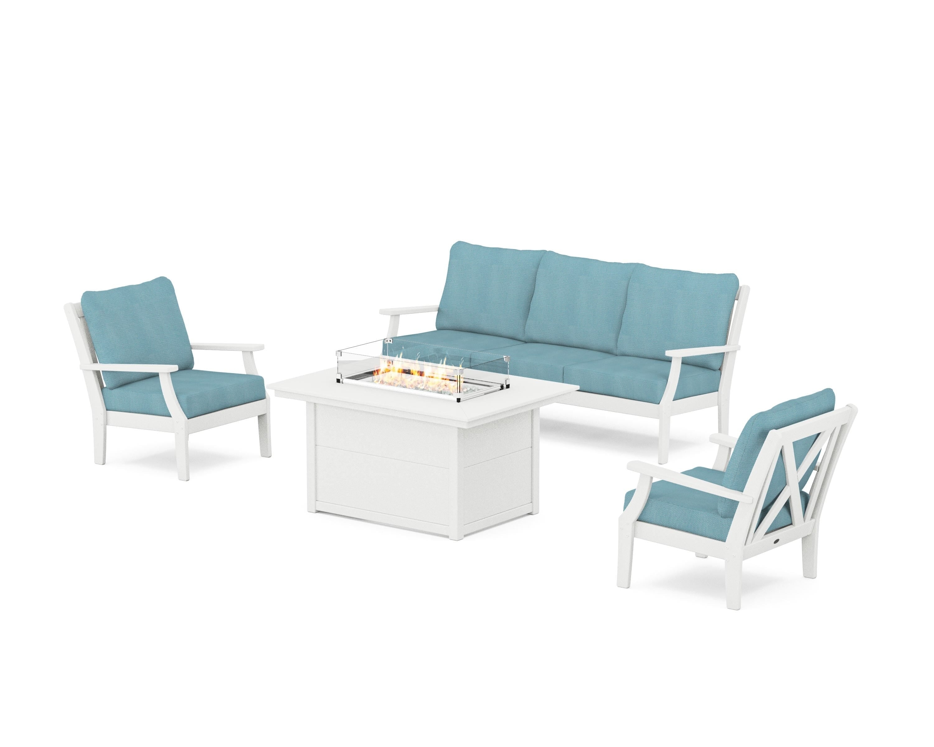 POLYWOOD® Braxton Deep Seating Fire Pit Table Set in Vintage White / Lattice Sky Blue
