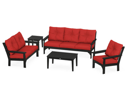 POLYWOOD® Vineyard 5 Piece Deep Seating Set in Black / Crimson Linen