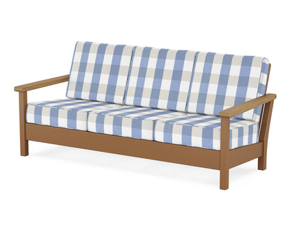 POLYWOOD® Harbour Deep Seating Sofa in Teak / Natural / Buffalo Plaid Sky Blue