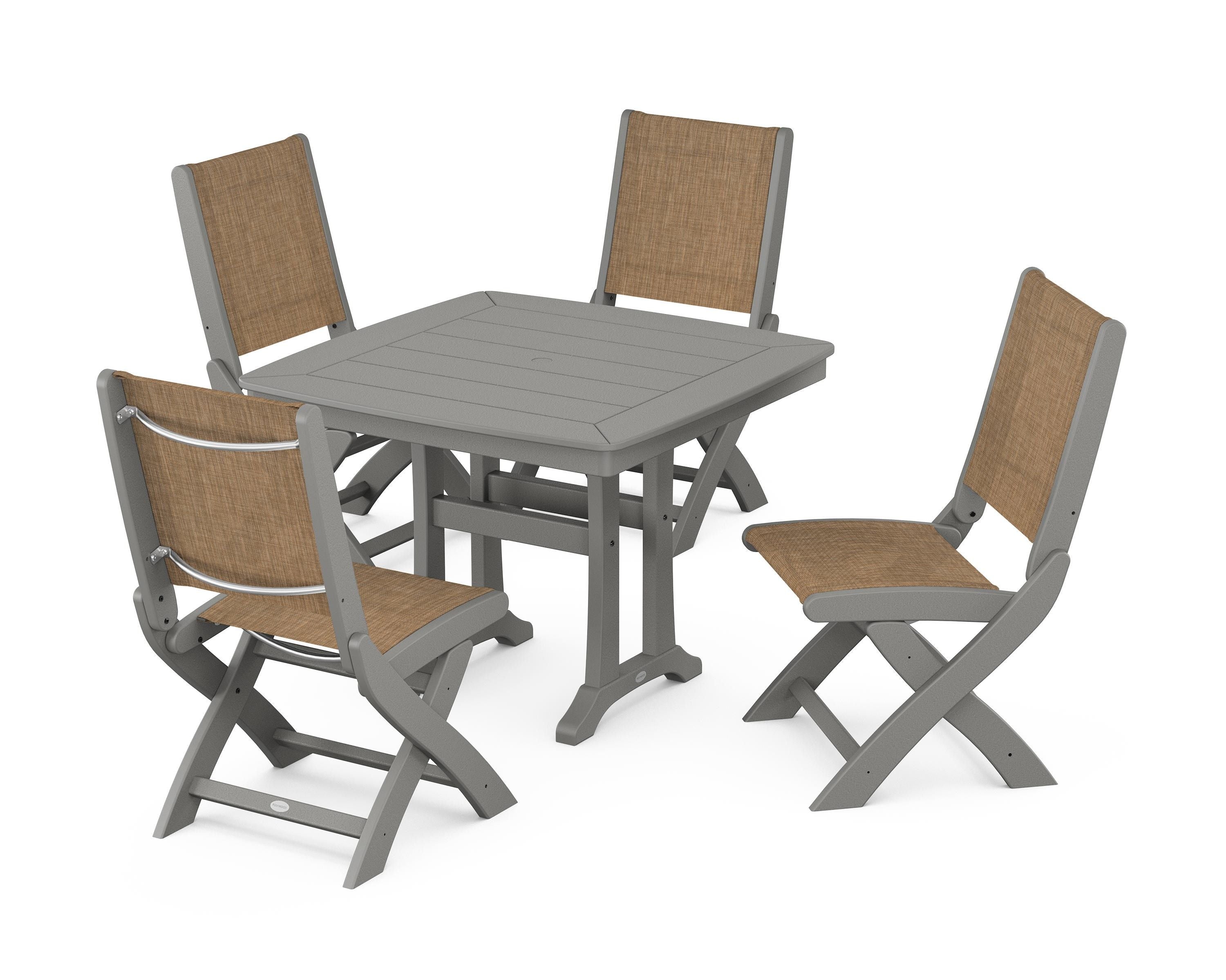 POLYWOOD® Coastal Folding Side Chair 5-Piece Dining Set with Trestle Legs in Slate Grey / Burlap Sling