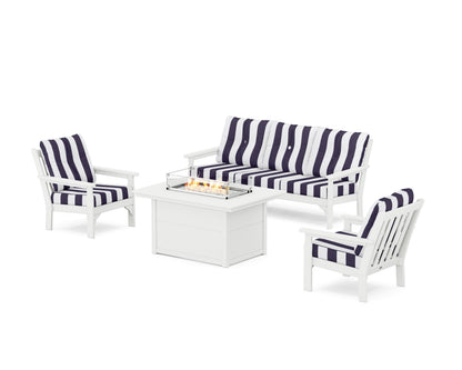 POLYWOOD® Vineyard Deep Seating Fire Pit Table Set in White / Cabana Stripe Navy