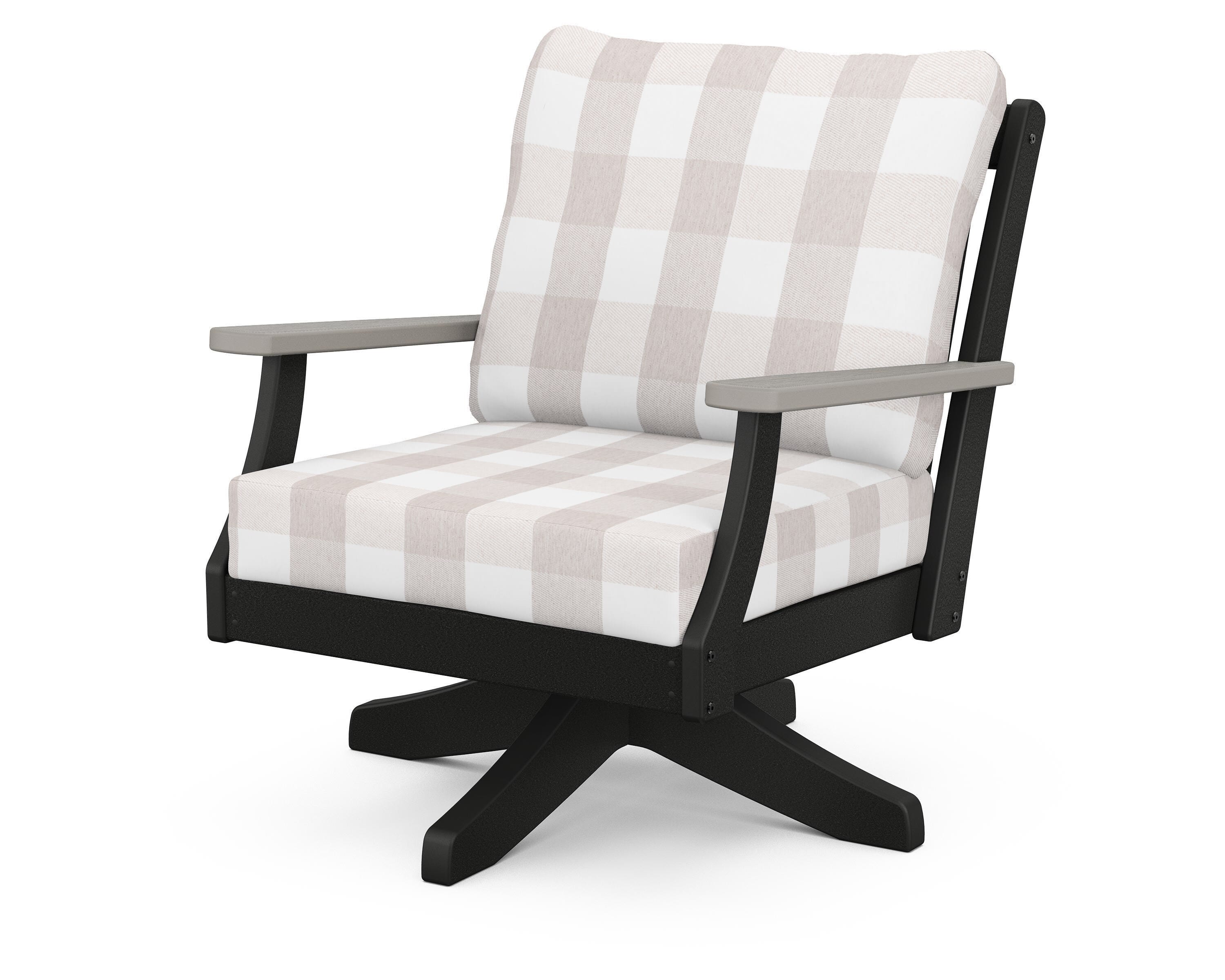 POLYWOOD® Braxton Deep Seating Swivel Chair in Black / Driftwood / Buffalo Plaid Dune Burlap